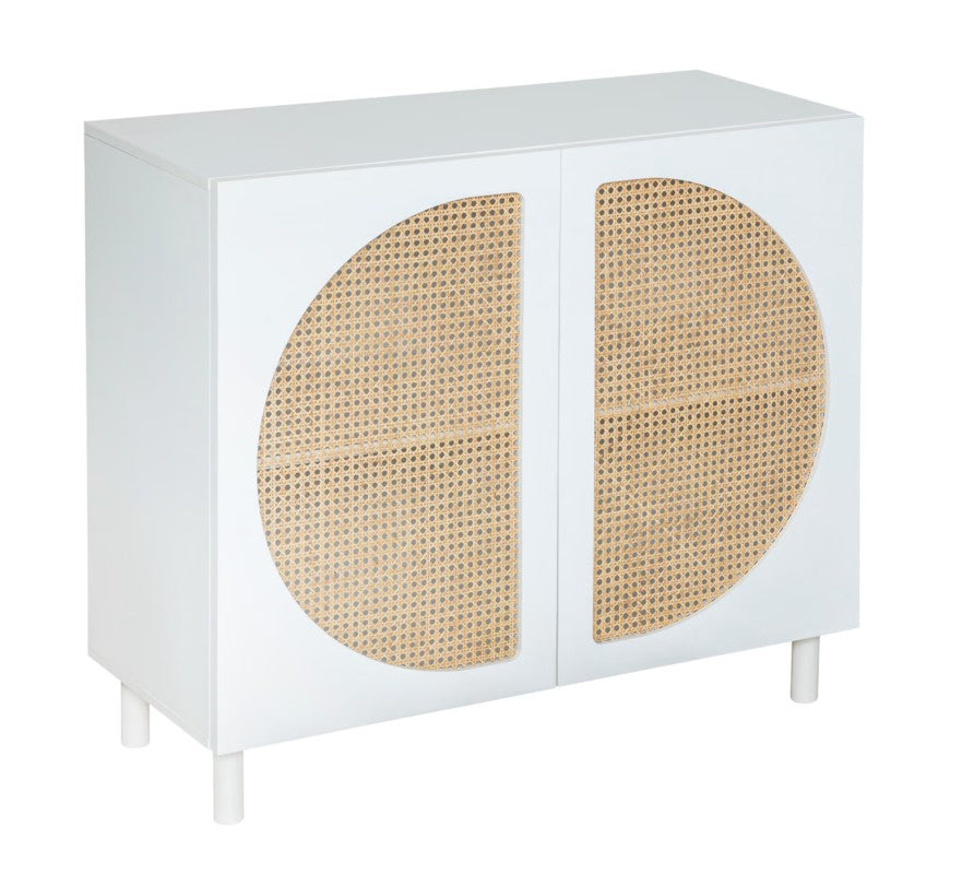 Buffet avec 2 portes en bois blanc et rotin
