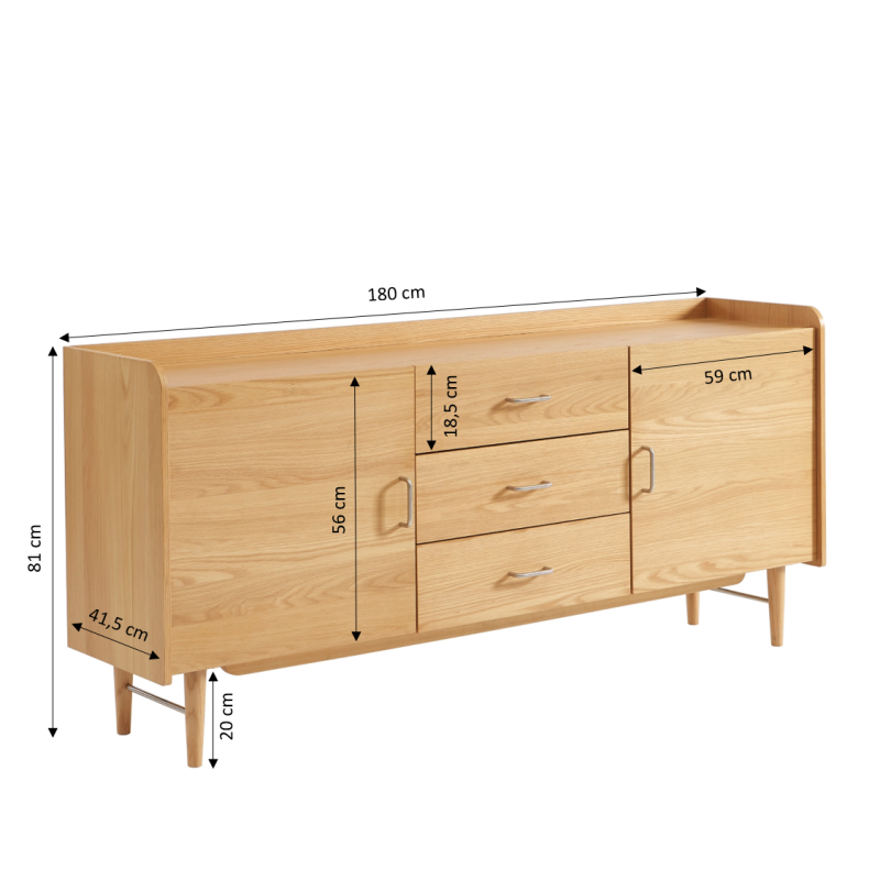 Buffet 2 portes 3 tiroirs placage chêne
