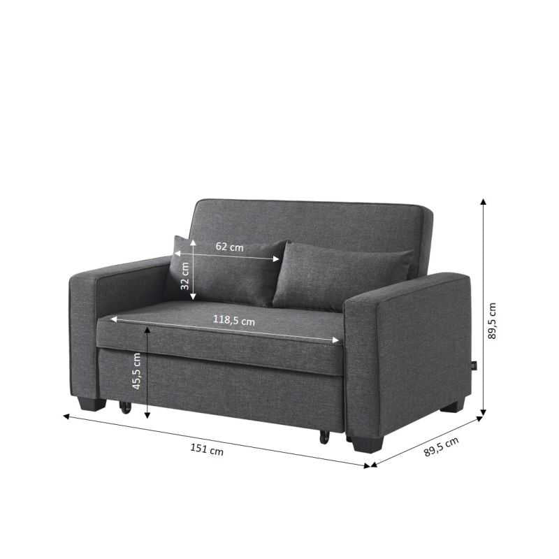 Canapé droit convertible 2 places en tissu gris
