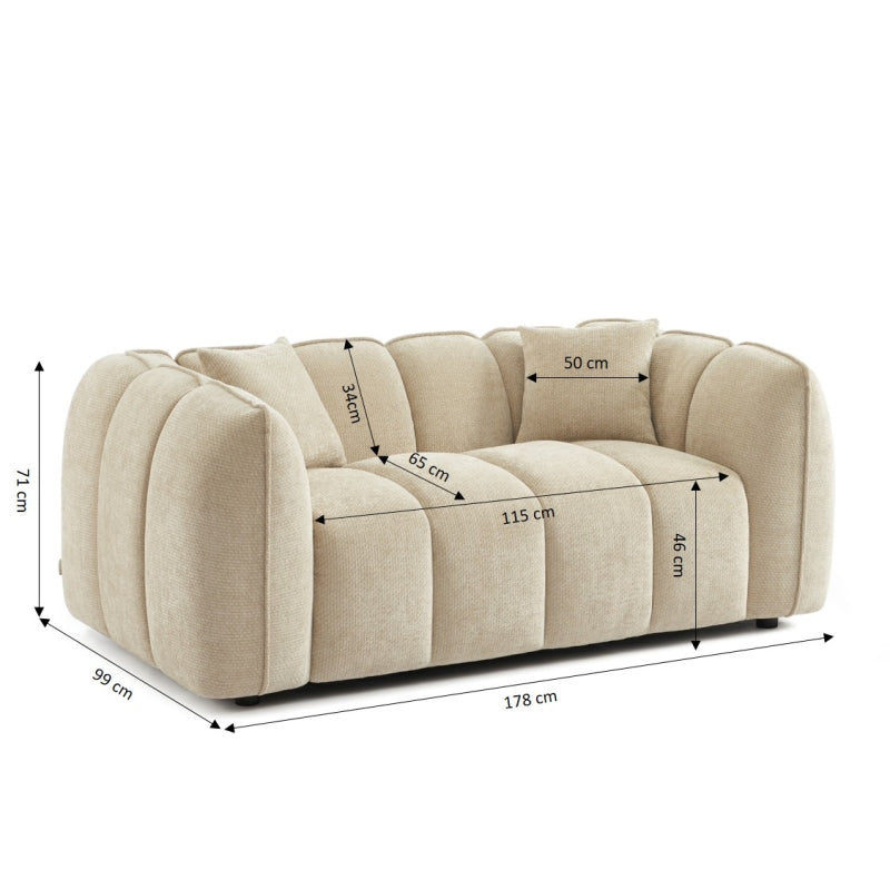 Canapé droit 2 places en tissu chenille beige