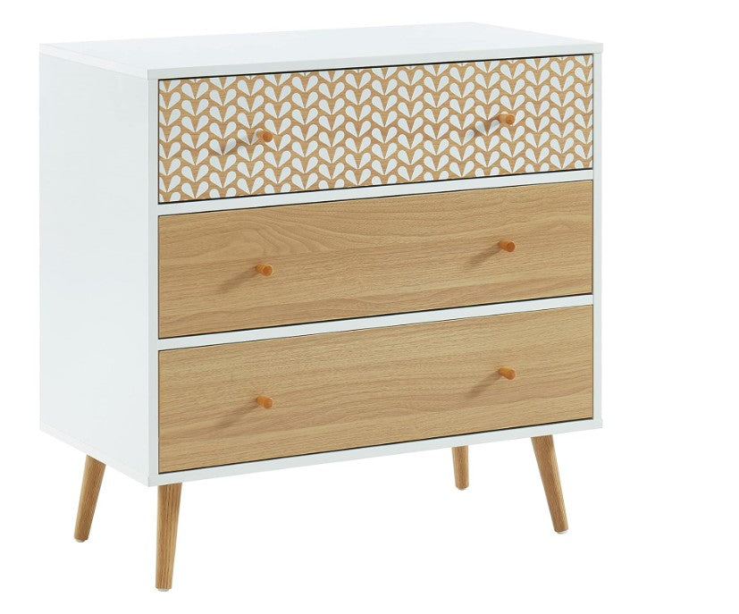 Commode 3 tiroirs blanc et effet chêne