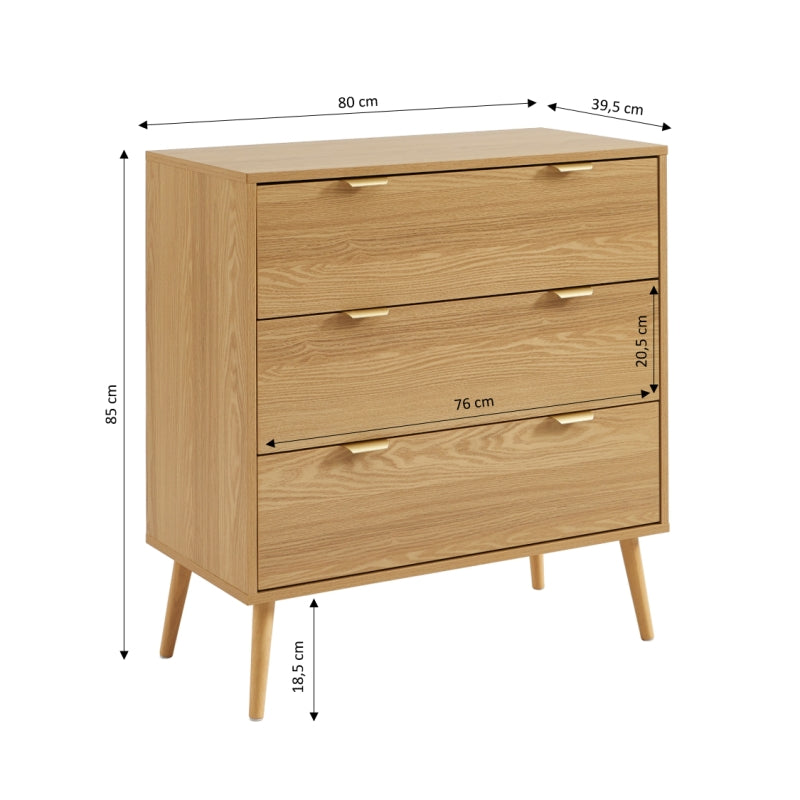 Commode 3 tiroirs effet bois clair