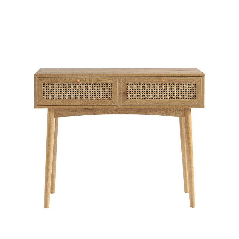 Console avec 2 tiroirs effet chêne et cannage rotin