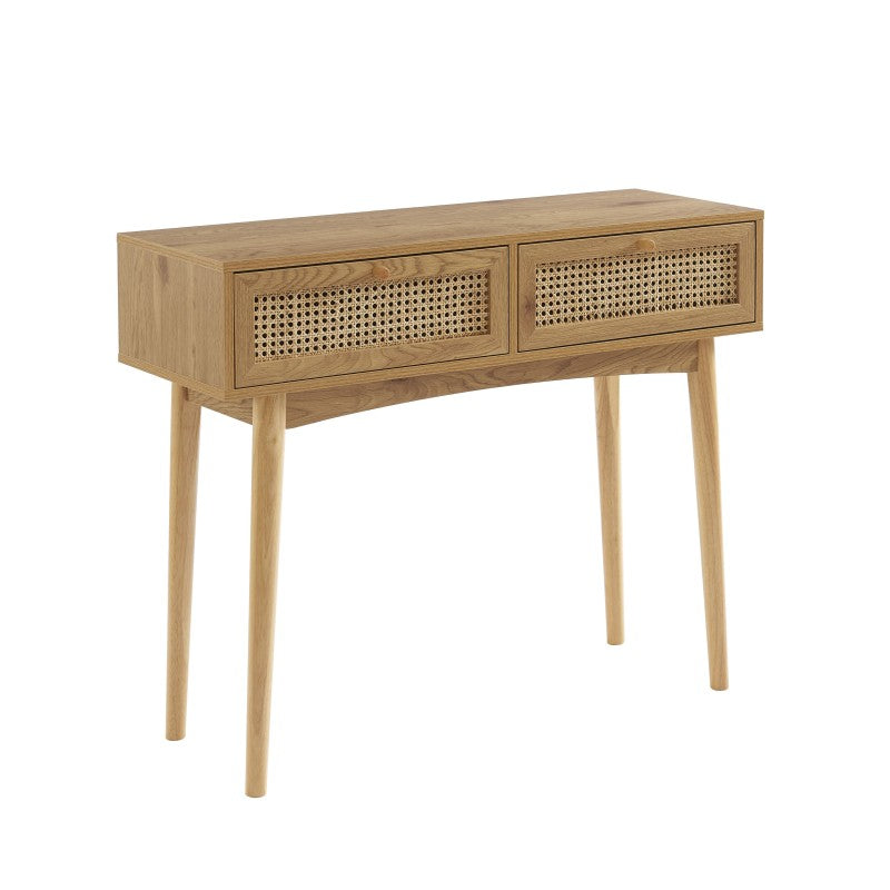 Console avec 2 tiroirs effet chêne et cannage rotin