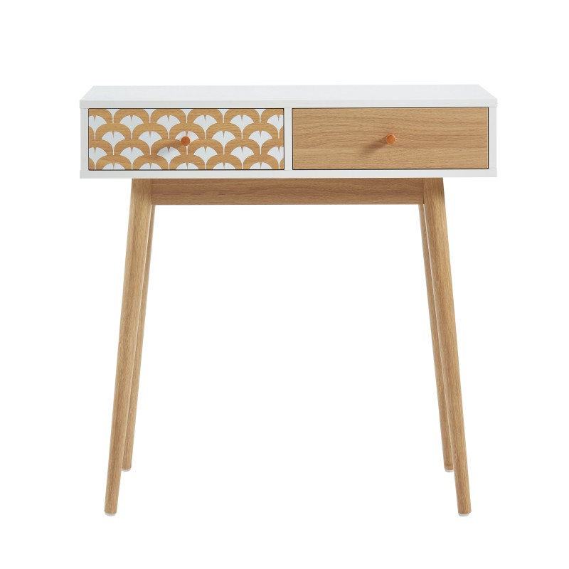 Console 2 tiroirs blanc et effet chêne