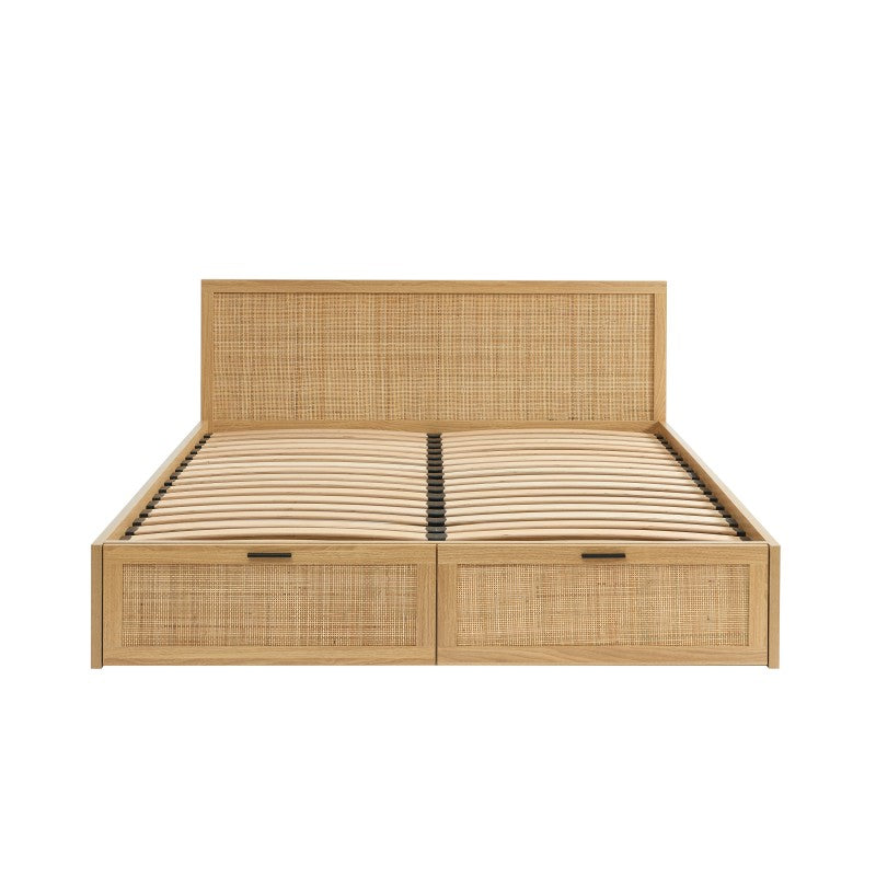 Lit avec tiroirs 140x190 en cannage rotin sommier inclus