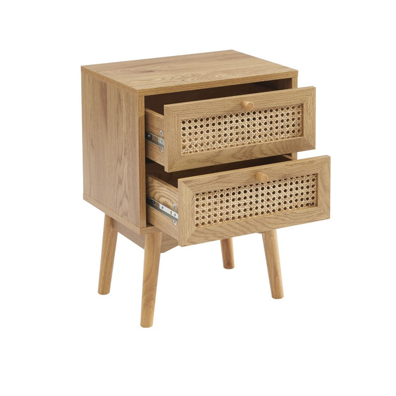 Table de chevet effet chêne et cannage rotin