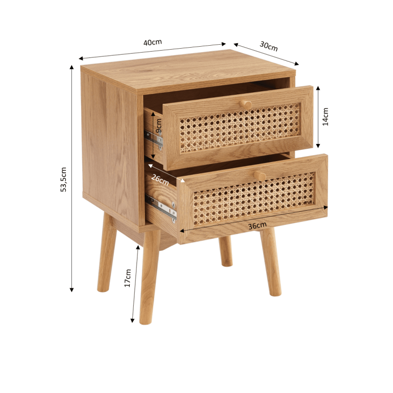 Table de chevet effet chêne et cannage rotin