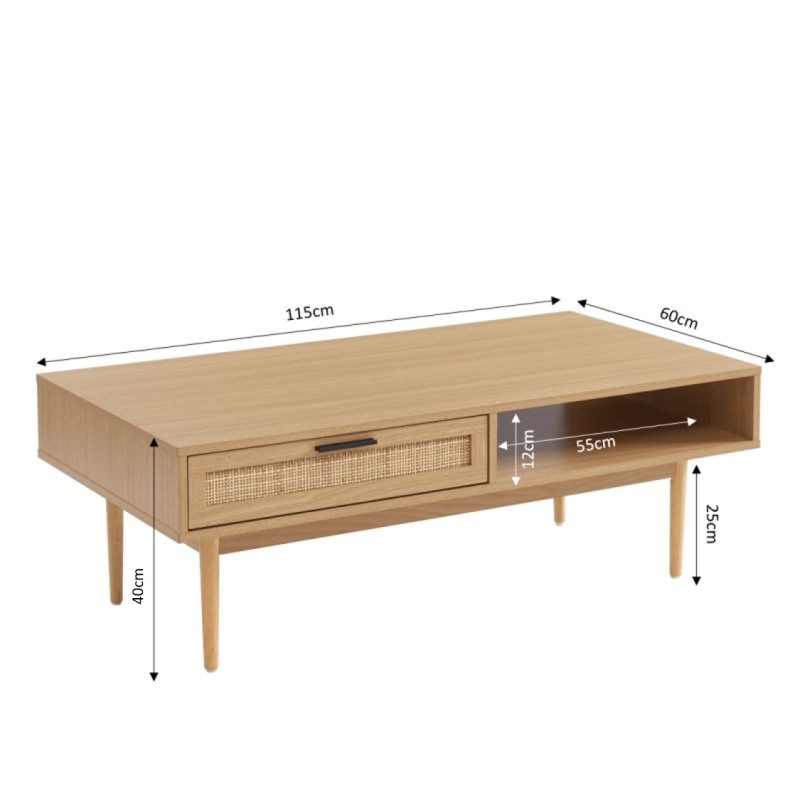 Table basse effet chêne et cannage rotin