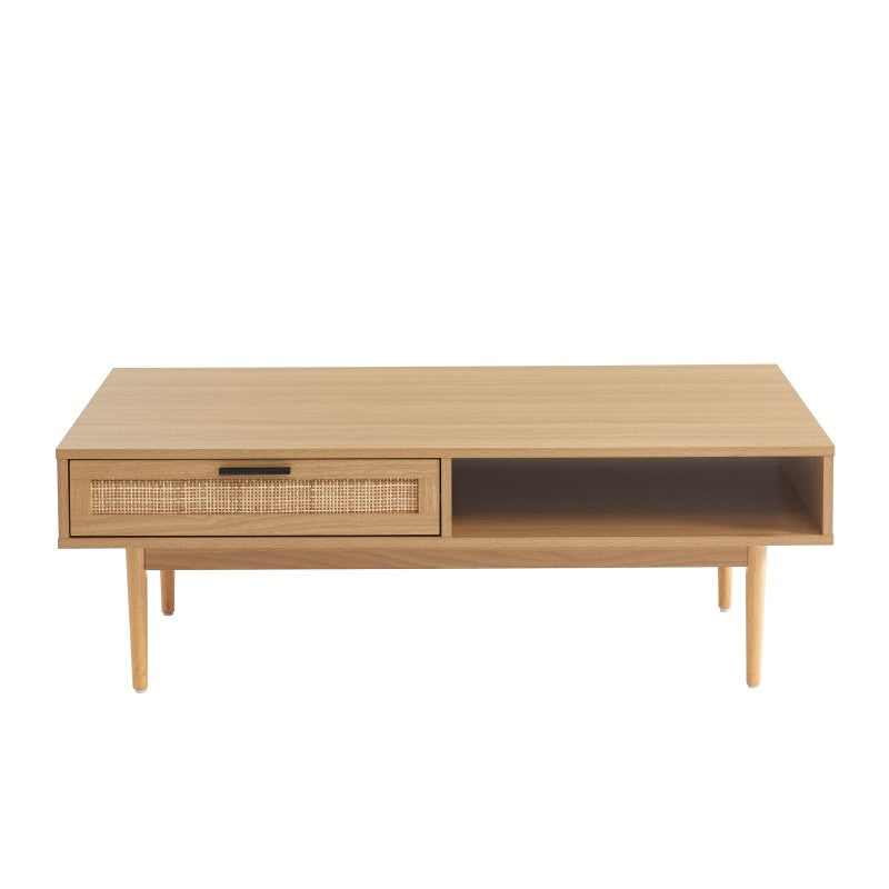 Table basse effet chêne et cannage rotin