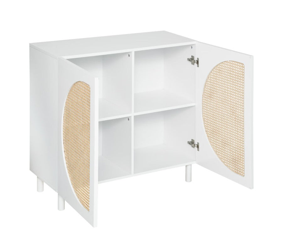 Buffet avec 2 portes en bois blanc et rotin