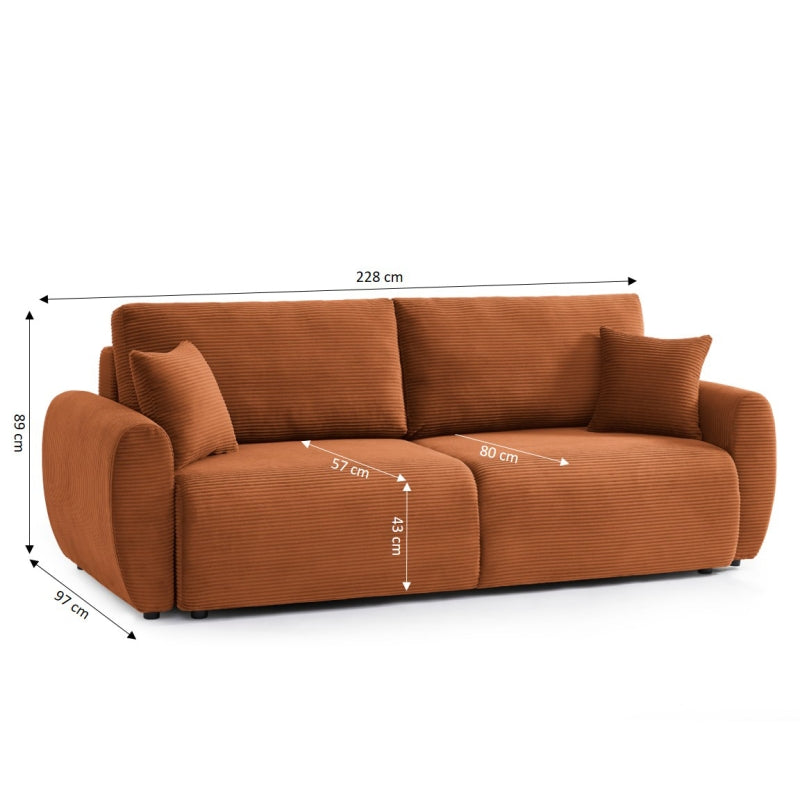 Canapé convertible 198cm 3 places en velours côtelé terracotta