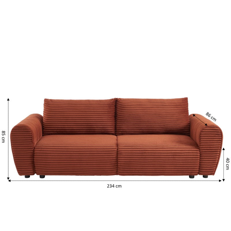 Canapé convertible 234cm 3 places en velours côtelé terracotta
