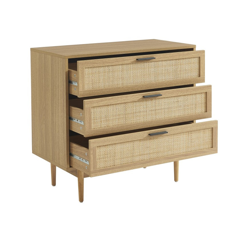 Commode 3 tiroirs effet chêne et cannage tressé