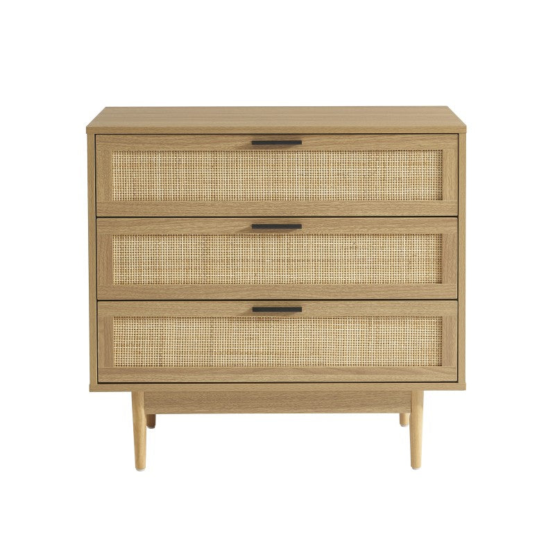 Commode 3 tiroirs effet chêne et cannage tressé