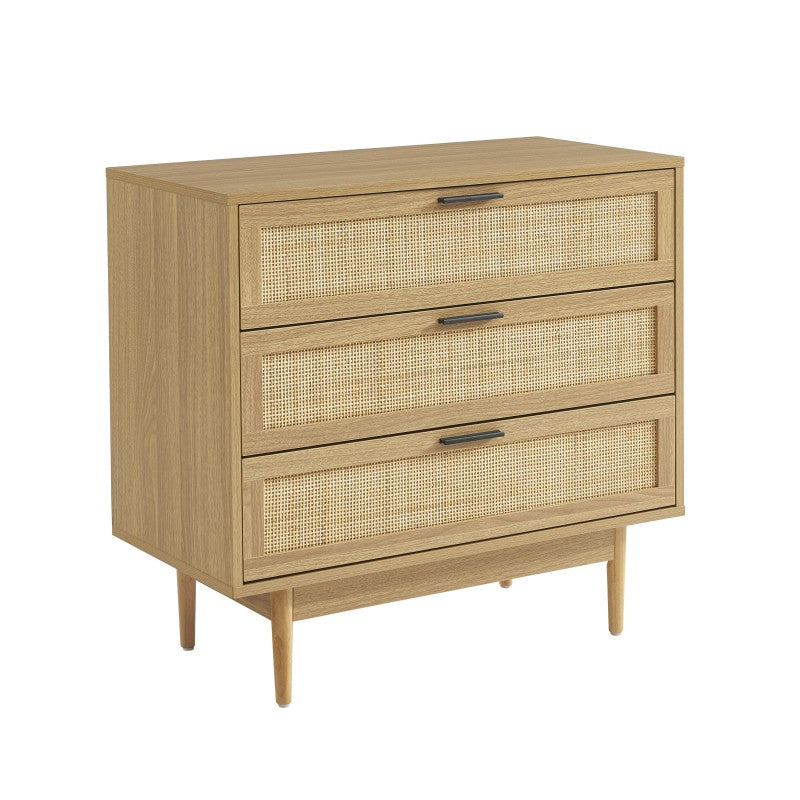 Commode 3 tiroirs effet chêne et cannage tressé