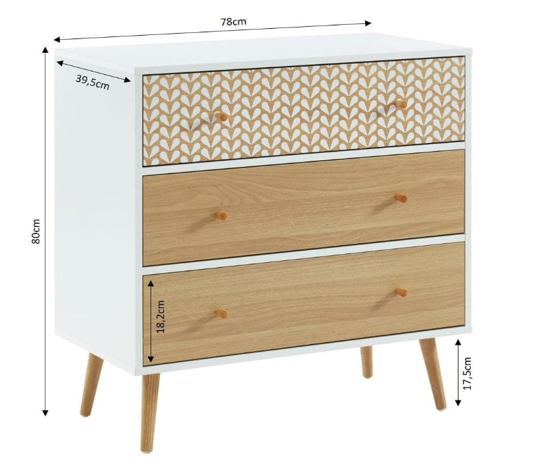 Commode 3 tiroirs blanc et effet chêne