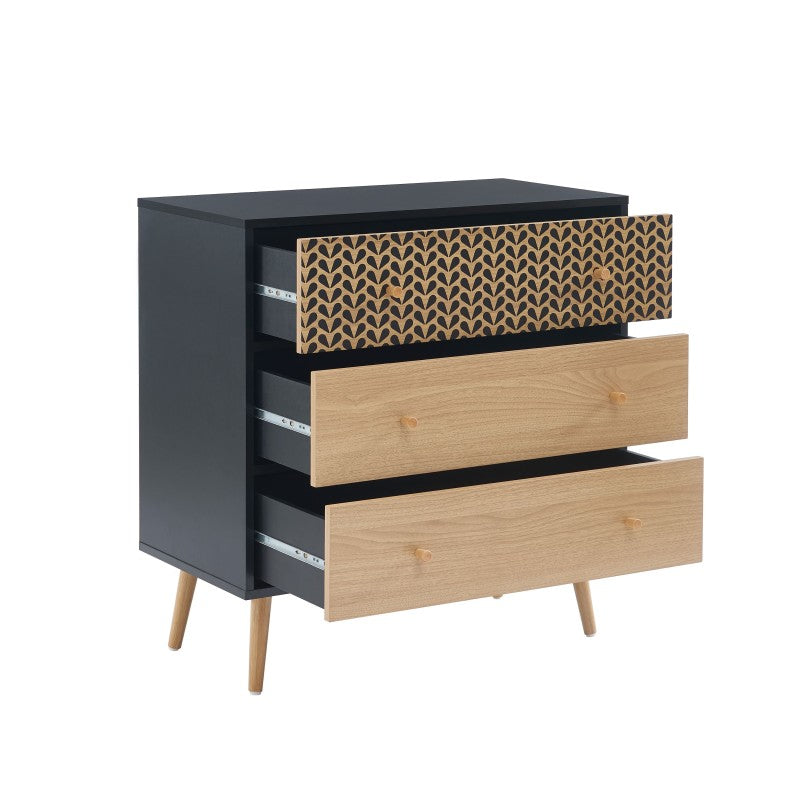 Commode 3 tiroirs noir et effet chêne