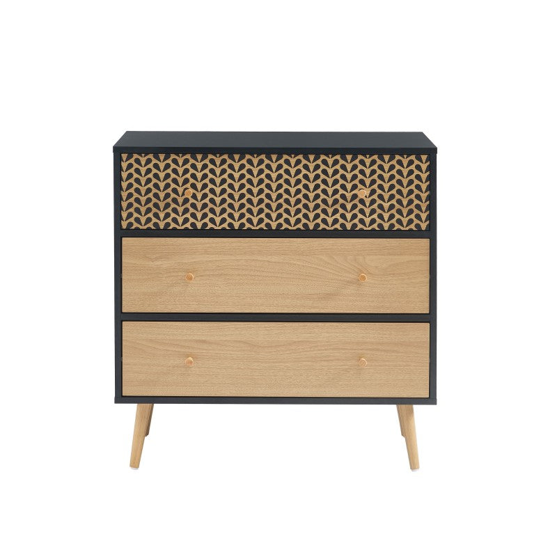 Commode 3 tiroirs noir et effet chêne
