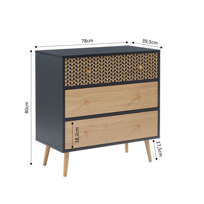 Commode 3 tiroirs noir et effet chêne