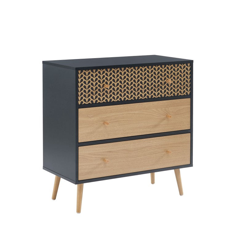 Commode 3 tiroirs noir et effet chêne
