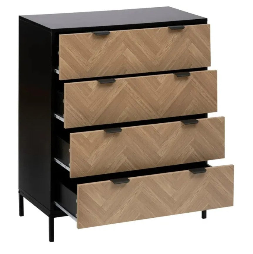 Commode 4 tiroirs effet pin naturel et noir