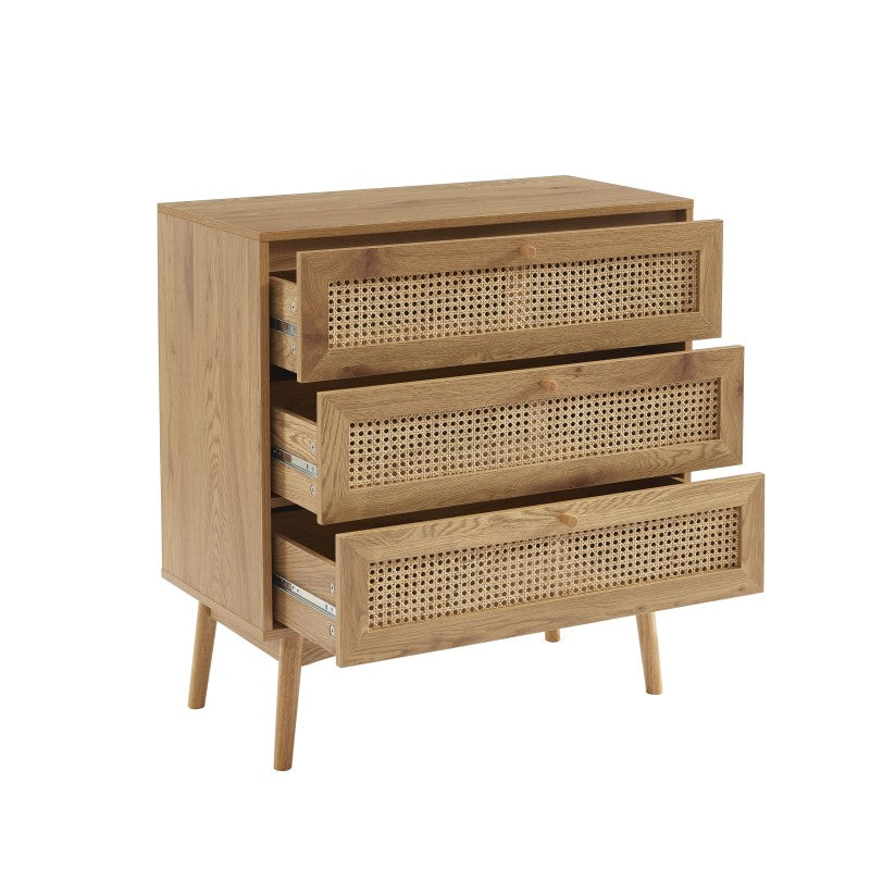Commode 3 tiroirs effet chêne et cannage rotin