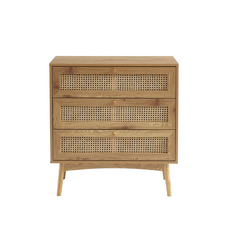 Commode 3 tiroirs effet chêne et cannage rotin