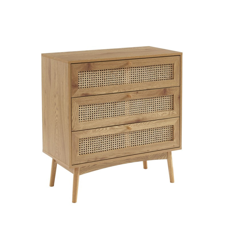 Commode 3 tiroirs effet chêne et cannage rotin