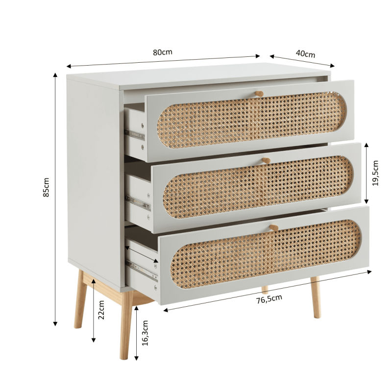 Commode 3 tiroirs cannage rotin gris