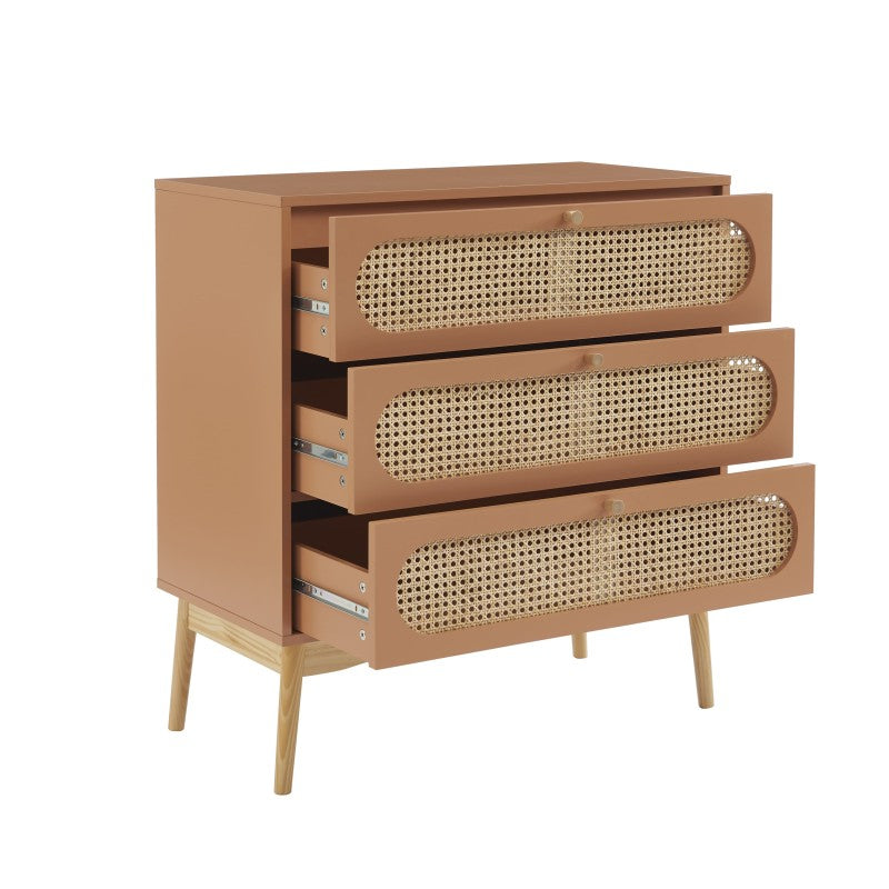 Commode 3 tiroirs cannage rotin terracotta