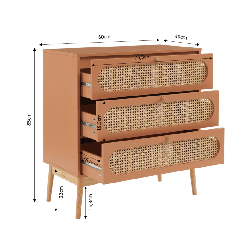 Commode 3 tiroirs cannage rotin terracotta