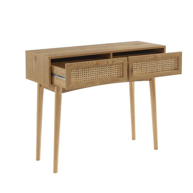 Console avec 2 tiroirs effet chêne et cannage rotin