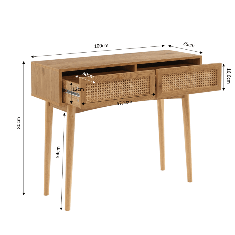 Console avec 2 tiroirs effet chêne et cannage rotin