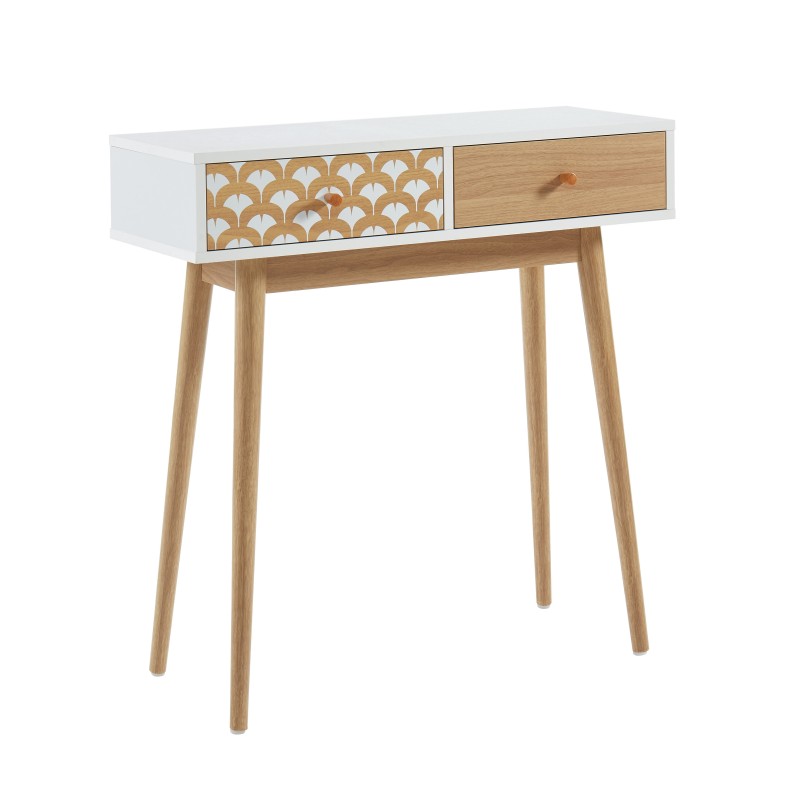 Console 2 tiroirs blanc et effet chêne