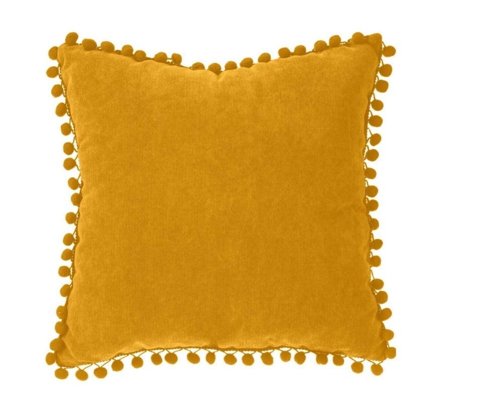 Coussin à pompons jaune moutarde 40x40cm