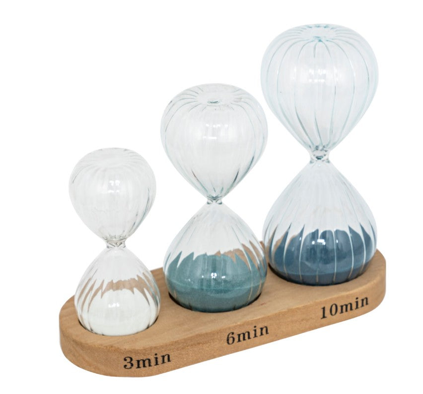 Lot de 3 sabliers en verre avec plateau en bois