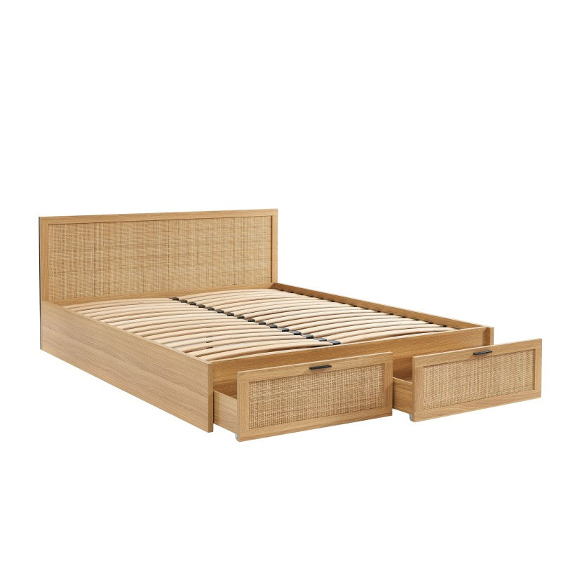 Lit avec tiroirs 140x190 en cannage rotin sommier inclus