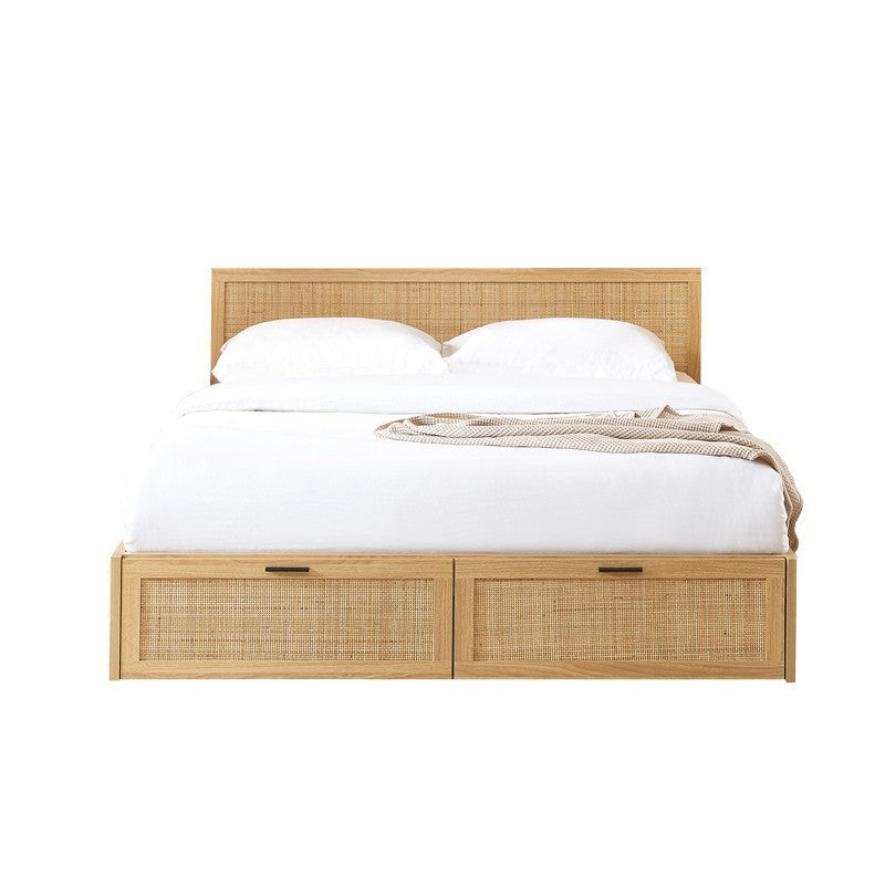Lit avec tiroirs 140x190 en cannage rotin sommier inclus