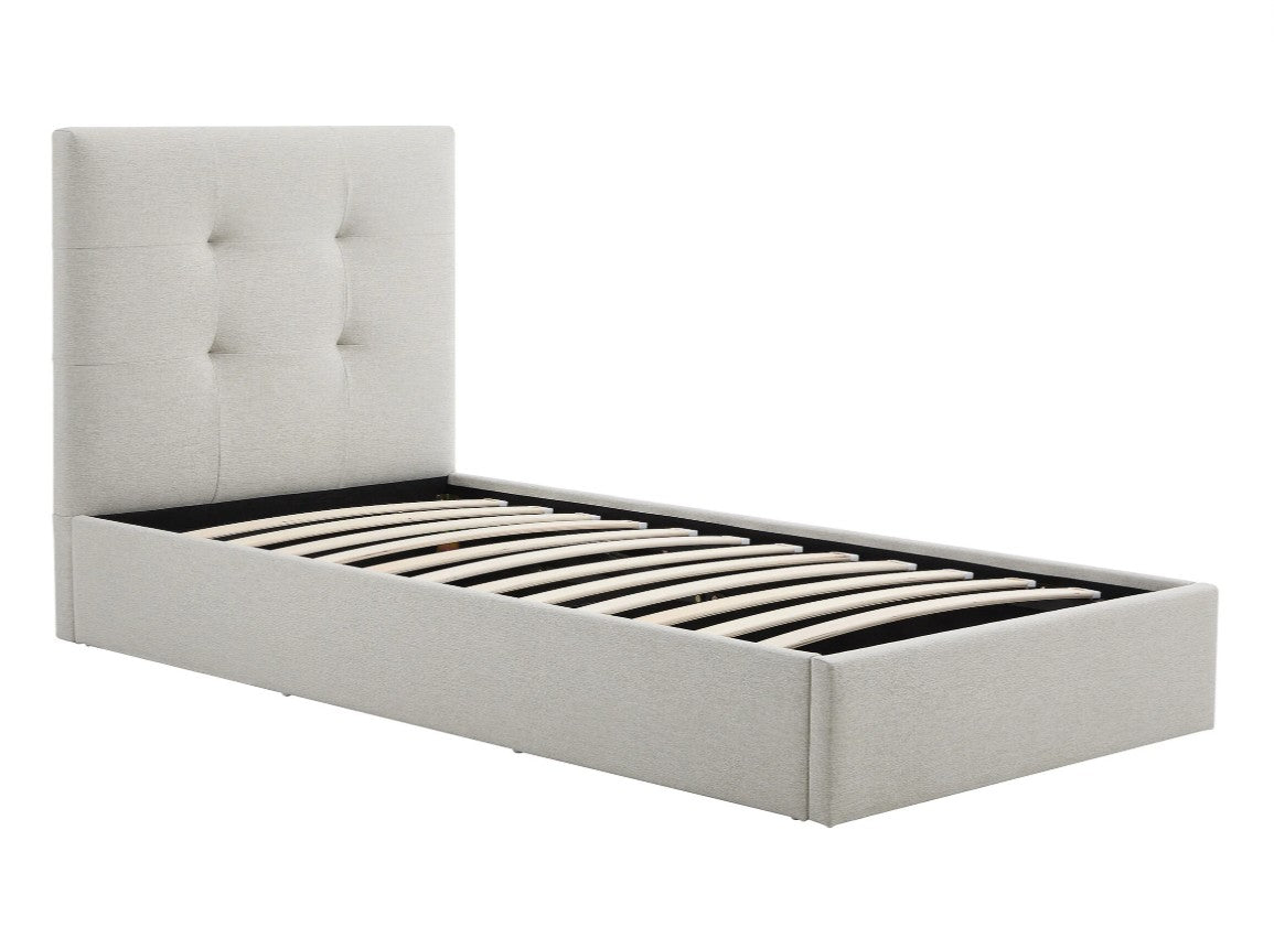 Lit coffre 90x190cm tissu beige avec tête de lit