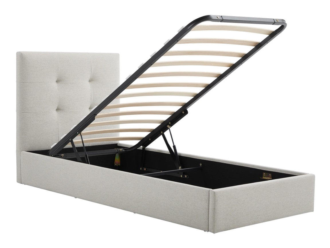 Lit coffre 90x190cm tissu beige avec tête de lit