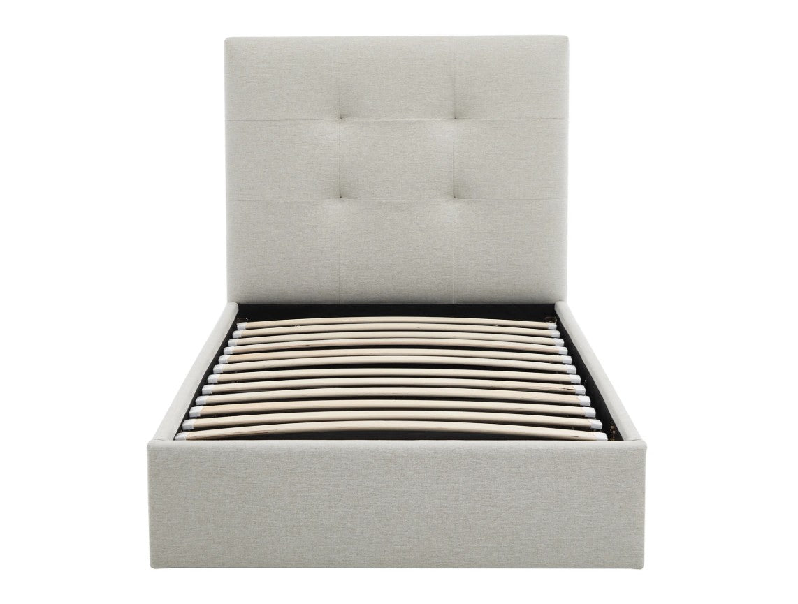Lit coffre 90x190cm tissu beige avec tête de lit