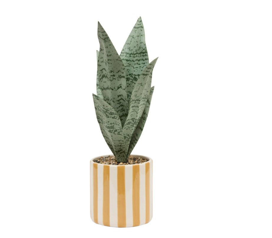 Plante artificielle en pot rayures blanches et jaunes H.38cm