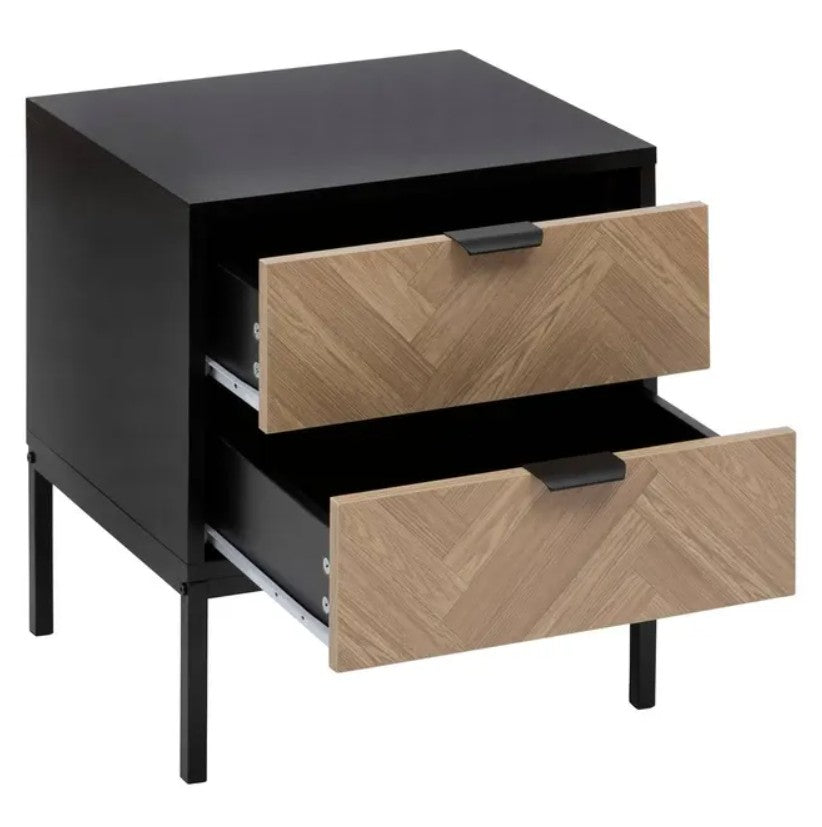 Table de chevet 2 tiroirs effet pin naturel et noir