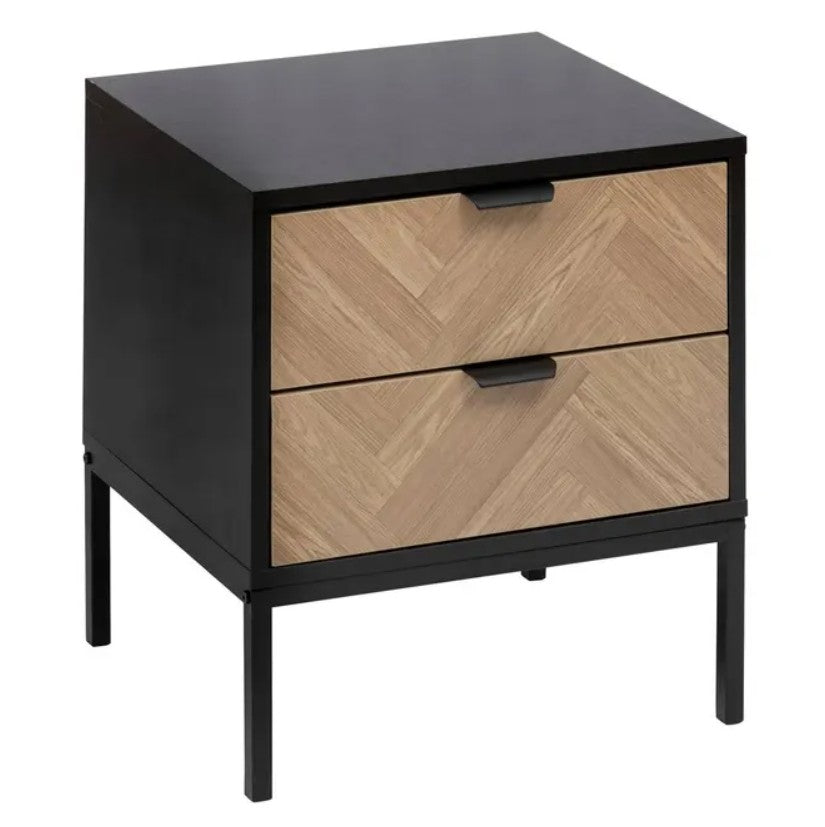 Table de chevet 2 tiroirs effet pin naturel et noir