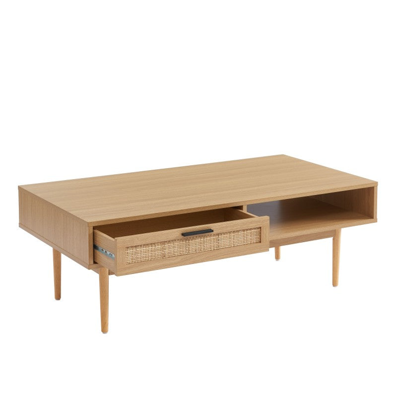 Table basse effet chêne et cannage rotin