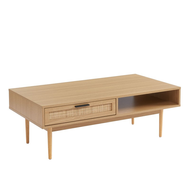 Table basse effet chêne et cannage rotin